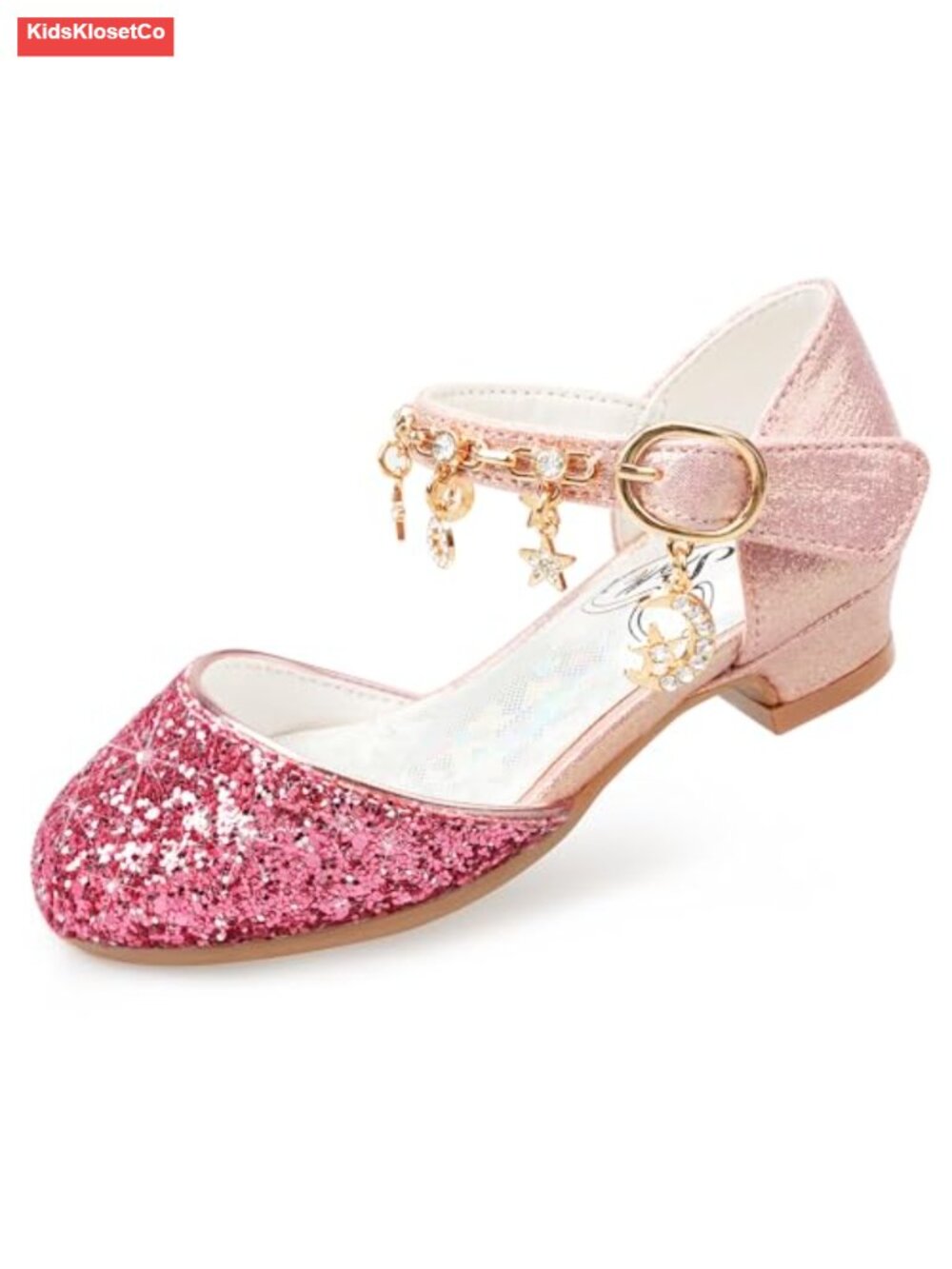 Girls Glitter Dress Shoes Sequins Princess Heels with Star Charms, Velcro
